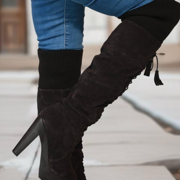 Madison Harding Dark Brown Suede Platform Knee-High Boots - Size 8 - Picture 2 of 12